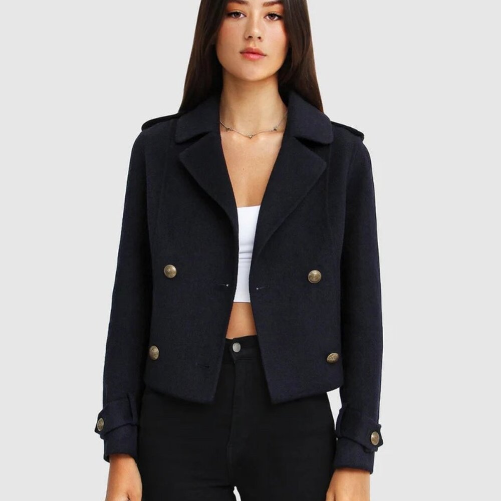 Belle & Bloom Better Off Wool Blend Military Peacoat XS Navy Coat Jacket